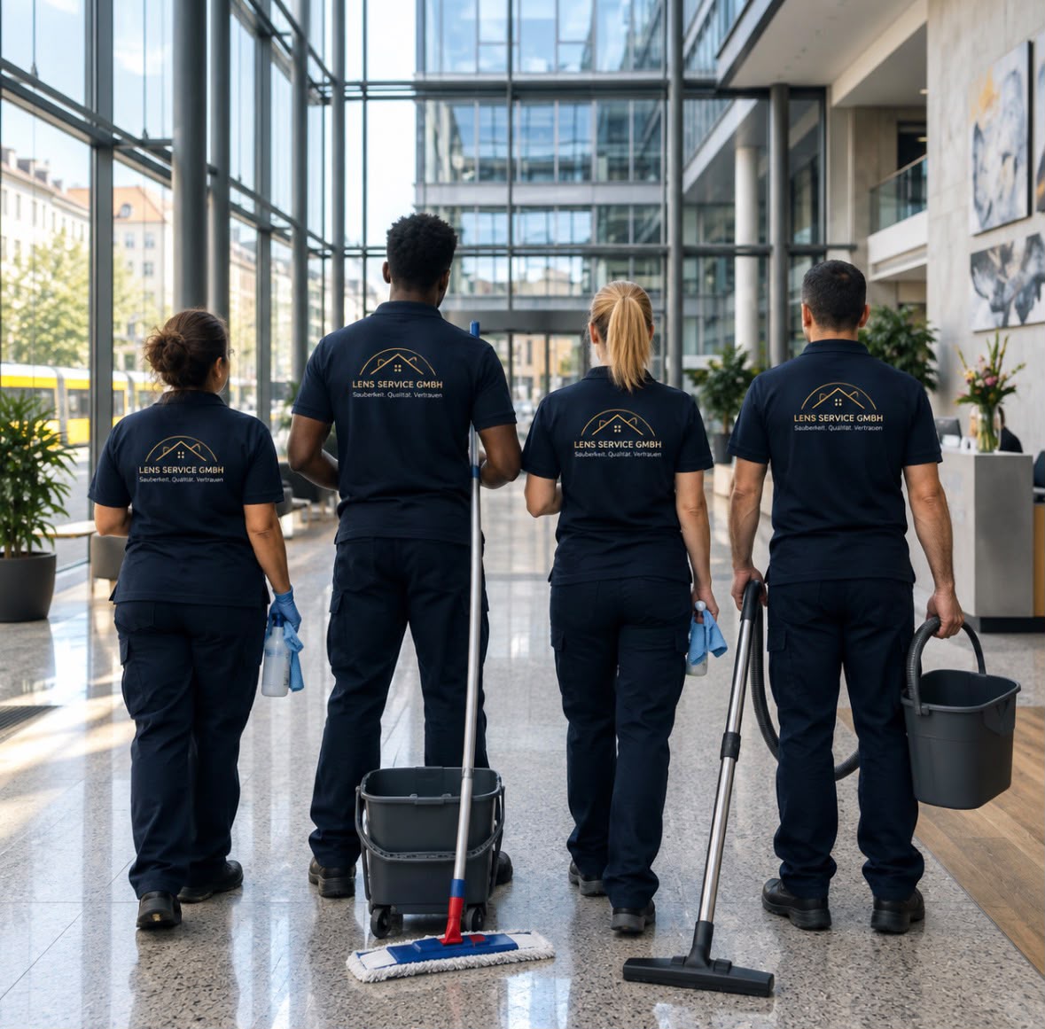 Reinigungsteam von Lens Service GmbH in einem hellen Gebäudeeingang